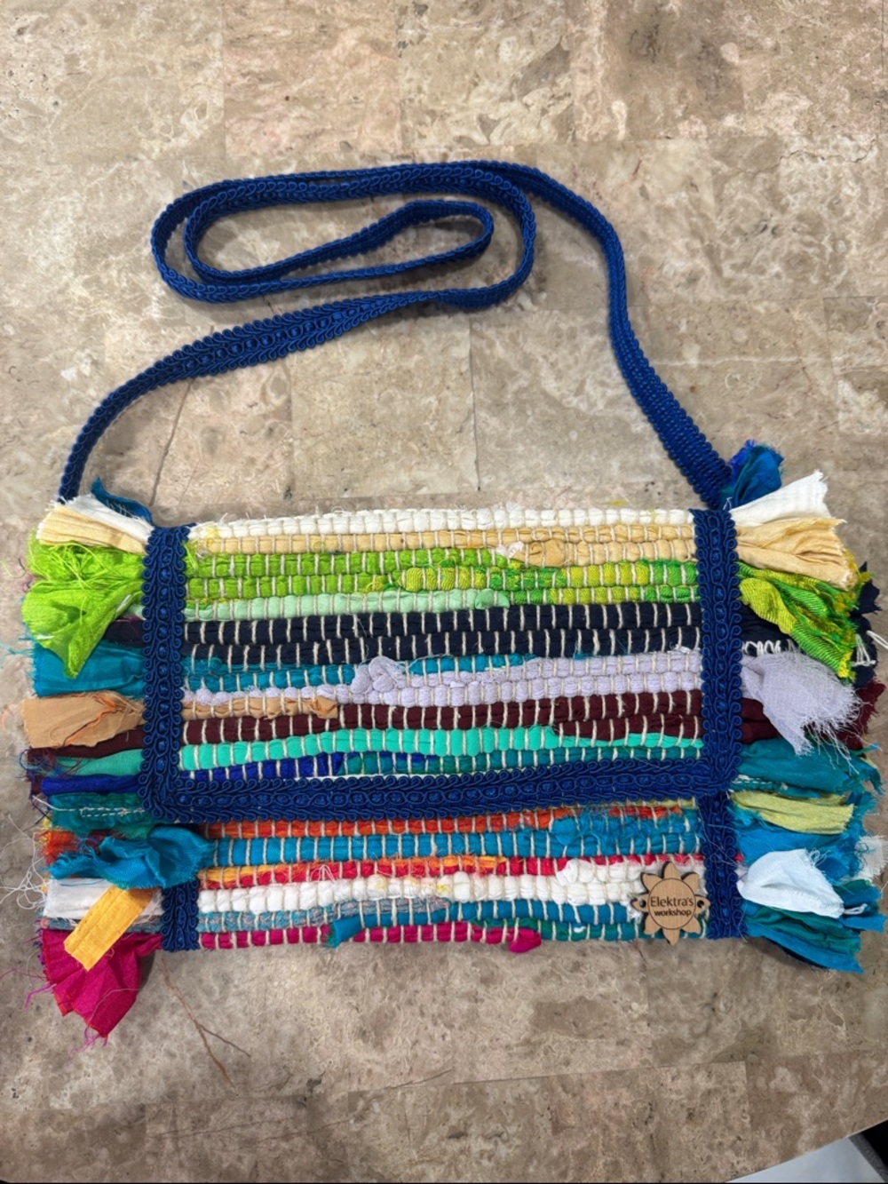 Multicolor Woven Crossbody Bag - Blue Trim - Made in Greece - Never Used